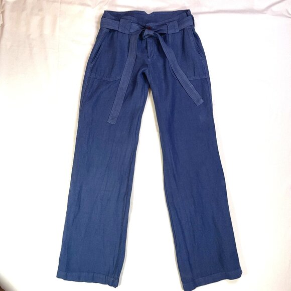 Juicy Couture Size 8 Beachy Linen Pants Wide Leg Belted Denim Blue Color - Picture 3 of 14